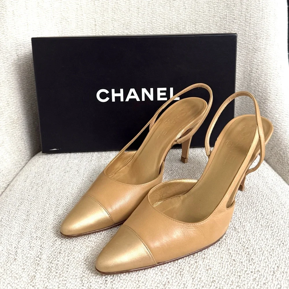 Authentic Chanel slingback pumps beige gold